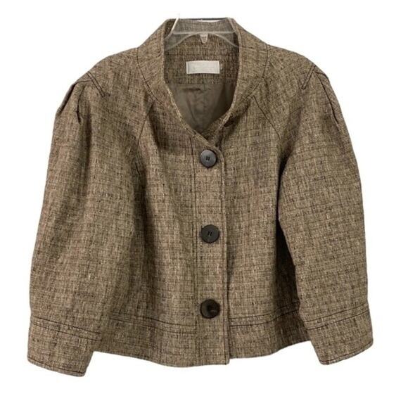 Badgley Mischka Coat Brown Tweed Bell Sleeve Ladylike Jacket Blazer Size 12 - Picture 1 of 9